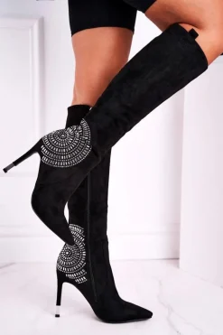 Discount Boto Kozaki Damskie Na Słupku Do Kolana Czarne Fashionable