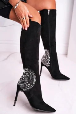 Discount Boto Kozaki Damskie Na Słupku Do Kolana Czarne Fashionable