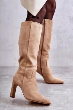 Boto Kozaki Wiosenne|Kozaki Przed Kolano*Kozaki Damskie Na Słupku Do Kolana Ciemnobeżowe Truly Love