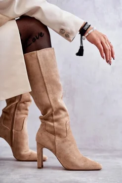 Boto Kozaki Wiosenne|Kozaki Przed Kolano*Kozaki Damskie Na Słupku Do Kolana Ciemnobeżowe Truly Love