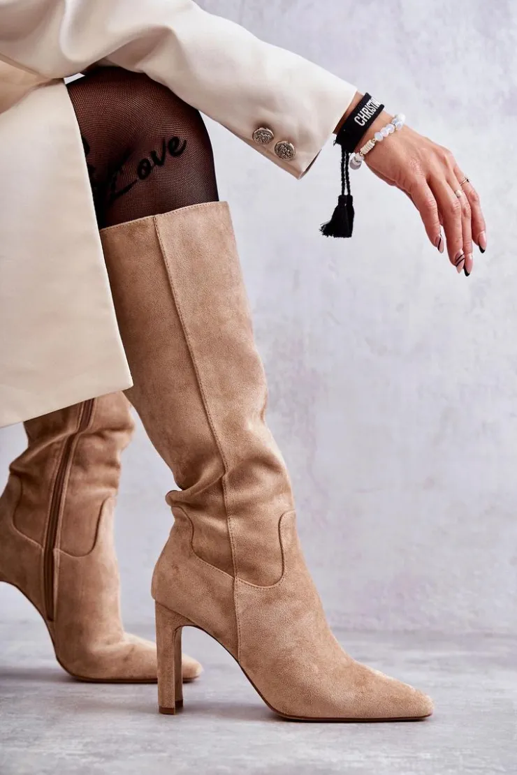 Boto Kozaki Wiosenne|Kozaki Przed Kolano*Kozaki Damskie Na Słupku Do Kolana Ciemnobeżowe Truly Love