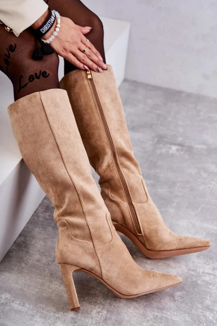 Boto Kozaki Wiosenne|Kozaki Przed Kolano*Kozaki Damskie Na Słupku Do Kolana Ciemnobeżowe Truly Love