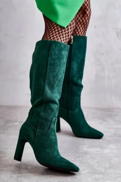 Clearance Boto Kozaki Damskie Na Słupku Do Kolana Zielone Truly Love