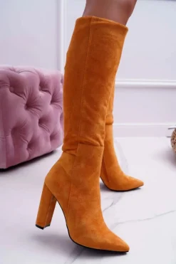 Damskie Boto Kozaki Damskie Na Słupku Do Kolan Camel Warden