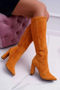 Damskie Boto Kozaki Damskie Na Słupku Do Kolan Camel Warden