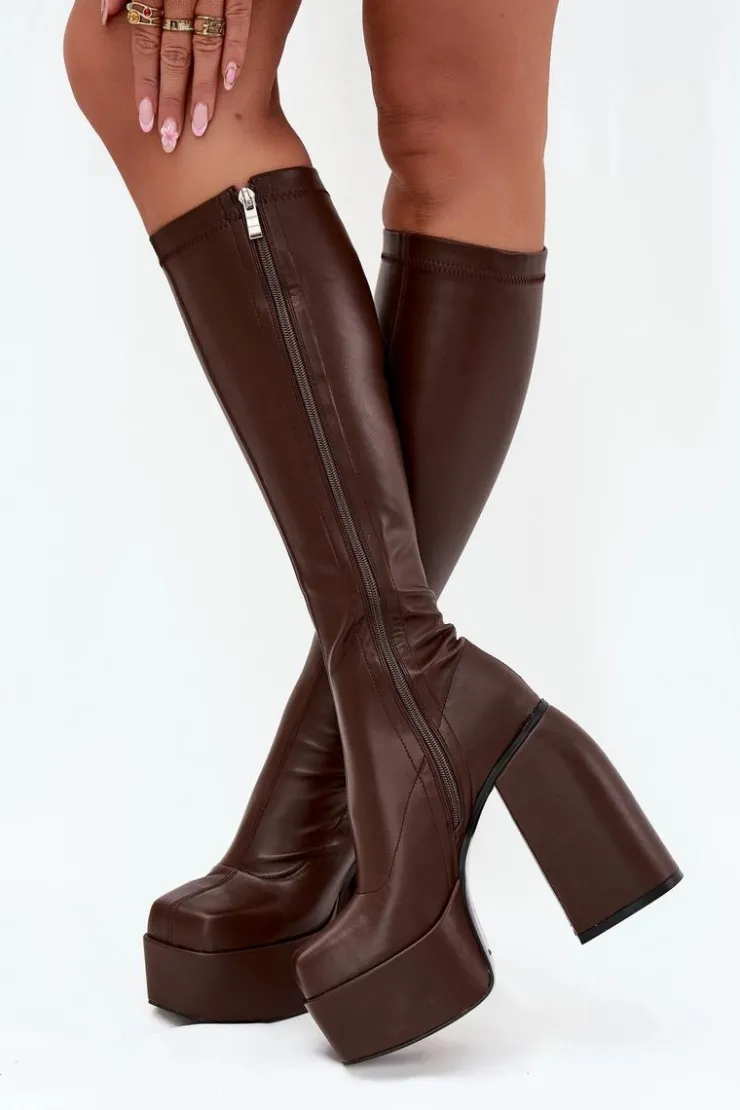 Damskie Boto Kozaki Damskie Na Słupku I Platformie Czekoladowe Yavira