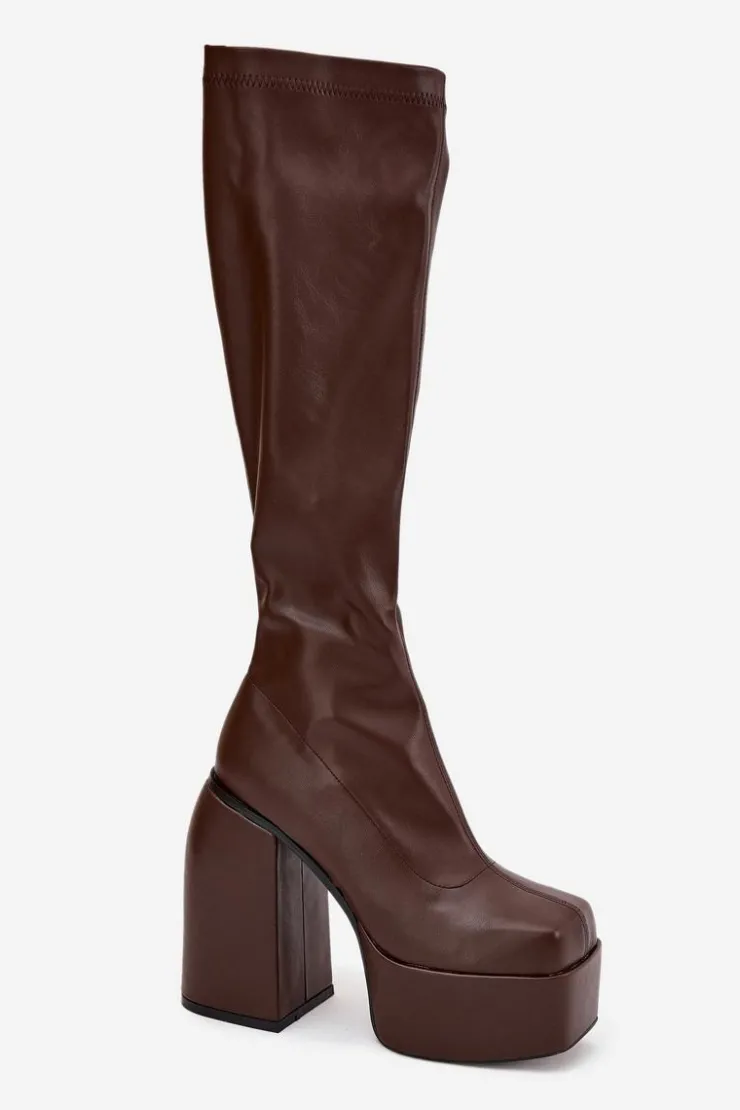 Damskie Boto Kozaki Damskie Na Słupku I Platformie Czekoladowe Yavira