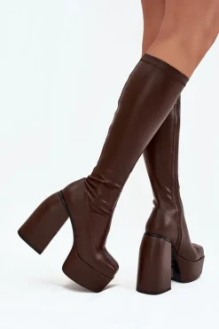 Damskie Boto Kozaki Damskie Na Słupku I Platformie Czekoladowe Yavira