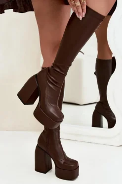 Damskie Boto Kozaki Damskie Na Słupku I Platformie Czekoladowe Yavira