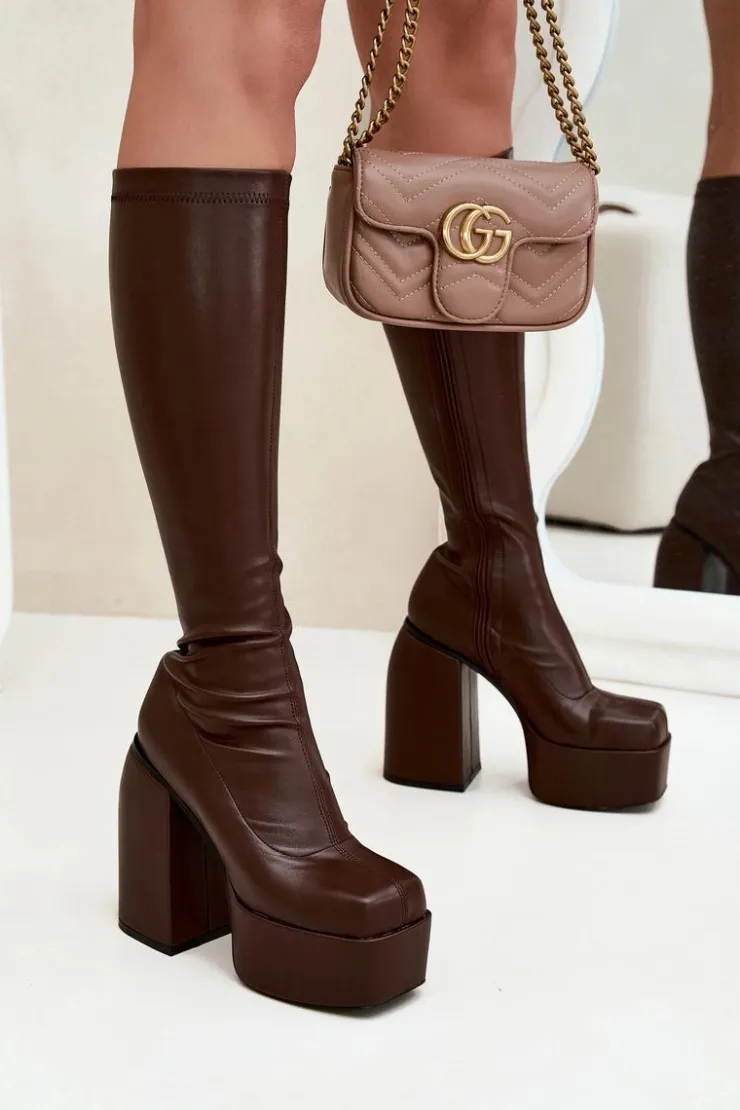 Damskie Boto Kozaki Damskie Na Słupku I Platformie Czekoladowe Yavira