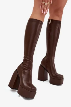 Damskie Boto Kozaki Damskie Na Słupku I Platformie Czekoladowe Yavira