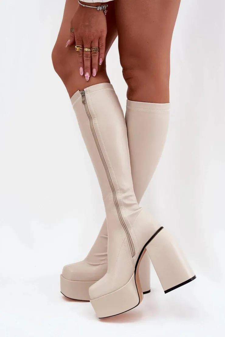 Damskie Boto Kozaki Damskie Na Słupku I Platformie Jasnobeżowe Yavira