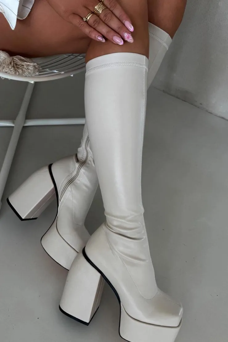 Damskie Boto Kozaki Damskie Na Słupku I Platformie Jasnobeżowe Yavira