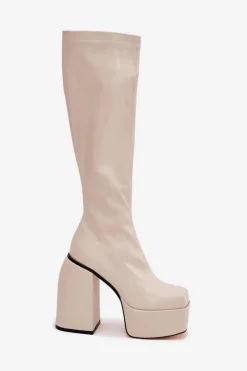 Damskie Boto Kozaki Damskie Na Słupku I Platformie Jasnobeżowe Yavira