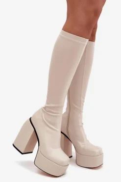 Damskie Boto Kozaki Damskie Na Słupku I Platformie Jasnobeżowe Yavira