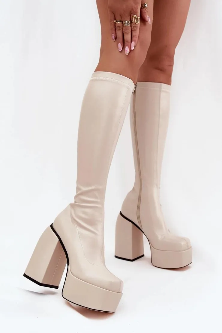 Damskie Boto Kozaki Damskie Na Słupku I Platformie Jasnobeżowe Yavira