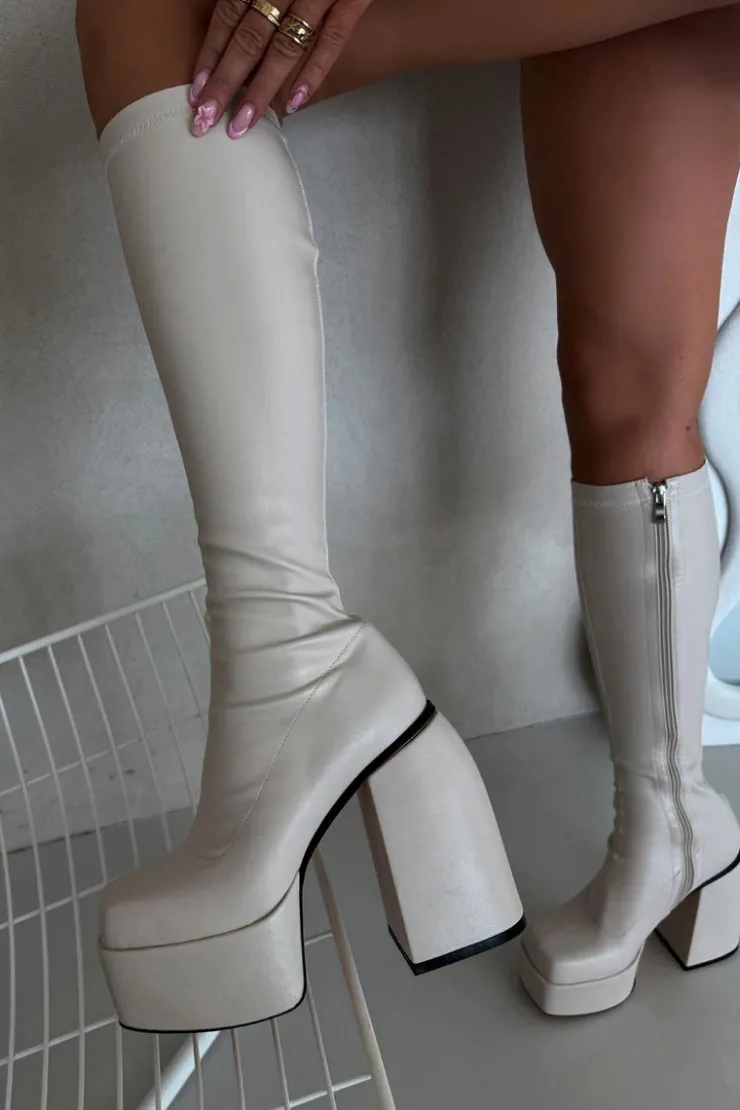 Damskie Boto Kozaki Damskie Na Słupku I Platformie Jasnobeżowe Yavira