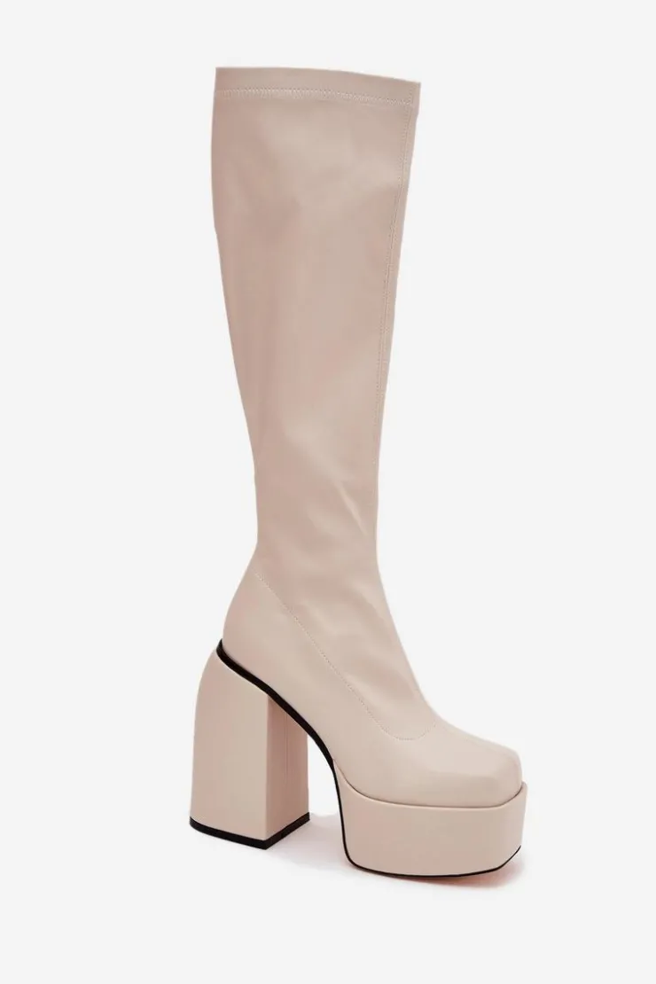 Damskie Boto Kozaki Damskie Na Słupku I Platformie Jasnobeżowe Yavira