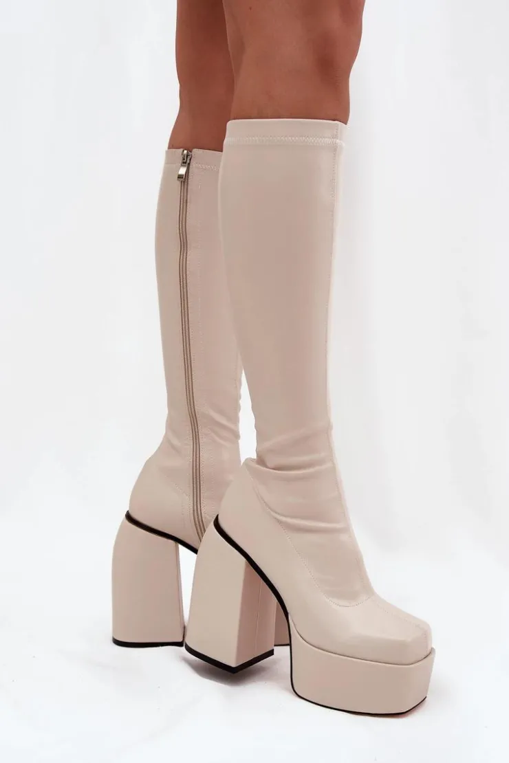 Damskie Boto Kozaki Damskie Na Słupku I Platformie Jasnobeżowe Yavira