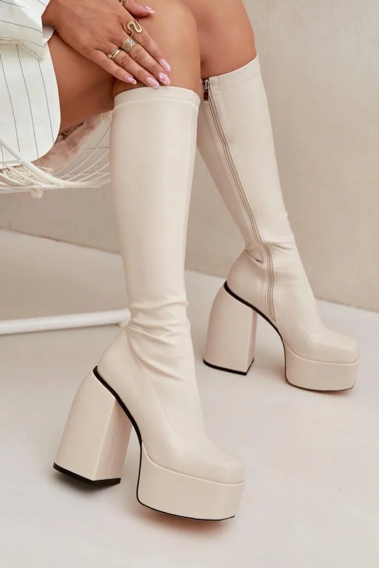 Damskie Boto Kozaki Damskie Na Słupku I Platformie Jasnobeżowe Yavira