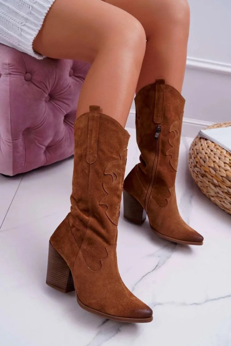 Boto Kozaki Wiosenne|Kozaki Na Obcasie*Kozaki Damskie Na Słupku Kowbojki Camel Brunt