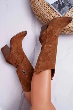 Boto Kozaki Wiosenne|Kozaki Na Obcasie*Kozaki Damskie Na Słupku Kowbojki Camel Brunt