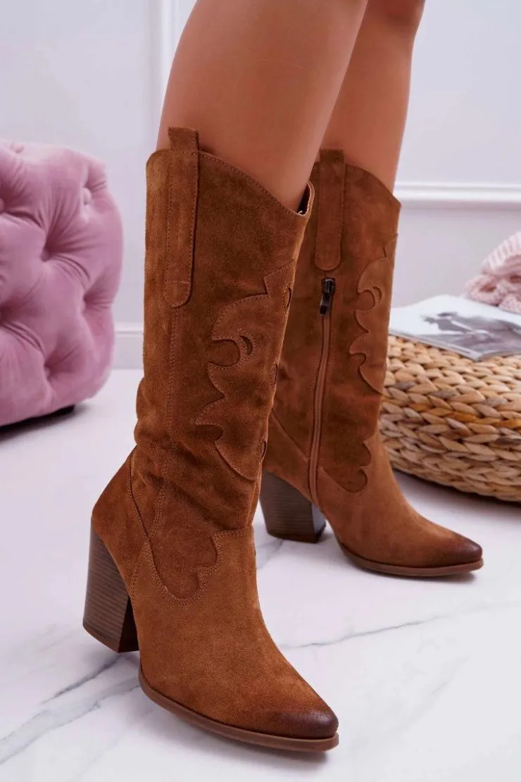 Boto Kozaki Wiosenne|Kozaki Na Obcasie*Kozaki Damskie Na Słupku Kowbojki Camel Brunt