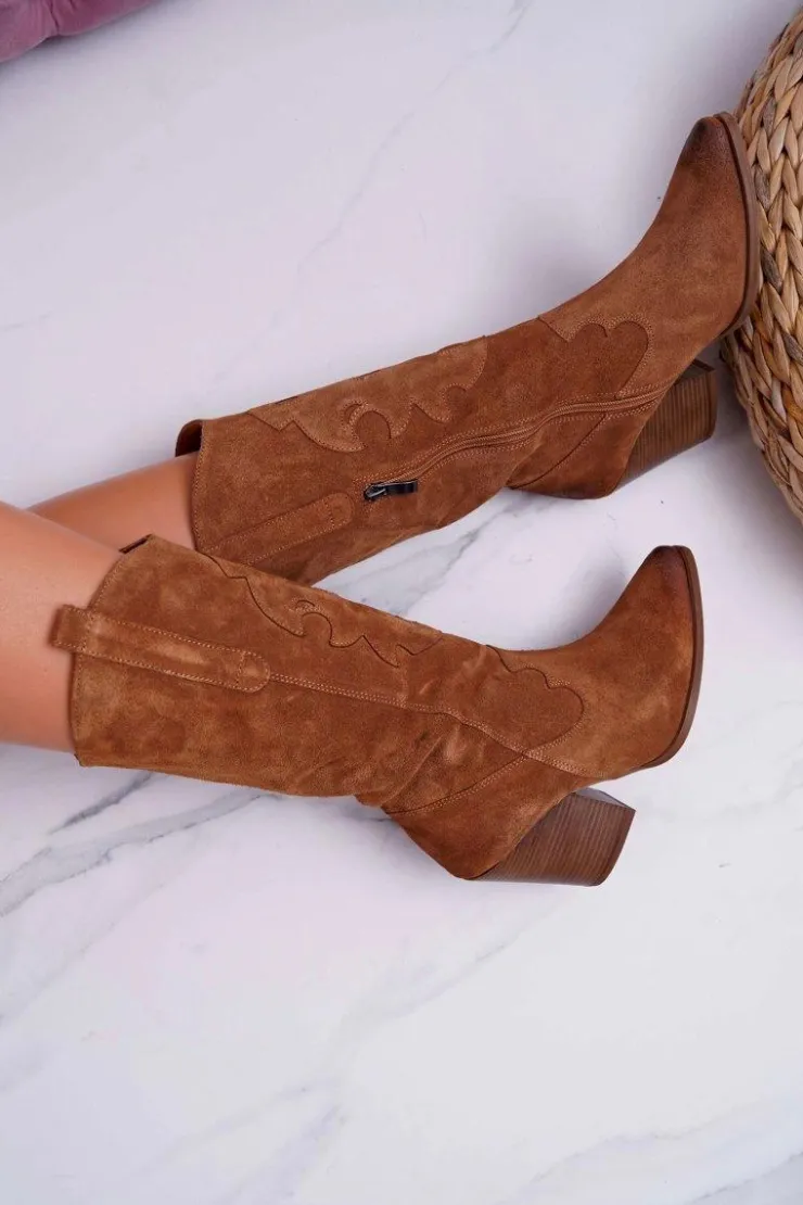 Boto Kozaki Wiosenne|Kozaki Na Obcasie*Kozaki Damskie Na Słupku Kowbojki Camel Brunt