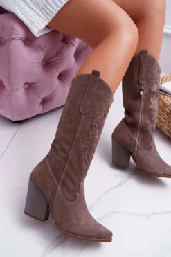 Damskie Boto Kozaki Damskie Na Słupku Kowbojki Cappuccino Brunt