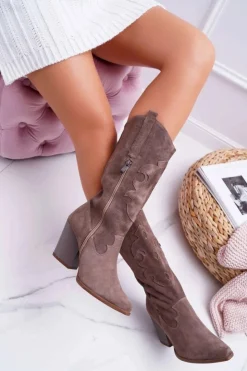 Damskie Boto Kozaki Damskie Na Słupku Kowbojki Cappuccino Brunt