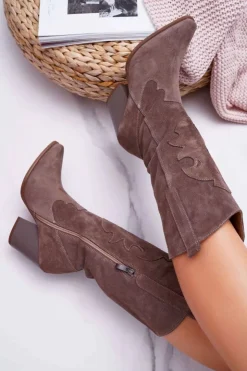 Damskie Boto Kozaki Damskie Na Słupku Kowbojki Cappuccino Brunt