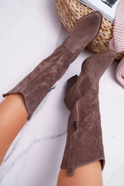 Damskie Boto Kozaki Damskie Na Słupku Kowbojki Cappuccino Brunt