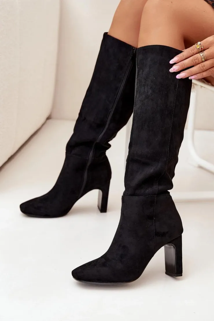 Damskie Boto Kozaki Damskie Na Słupku Ocieplane Czarne Zamira