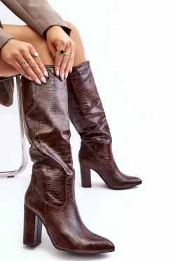 Damskie Boto Kozaki Damskie Na Słupku Ocieplane Wężowy Wzór Brązowe Delul