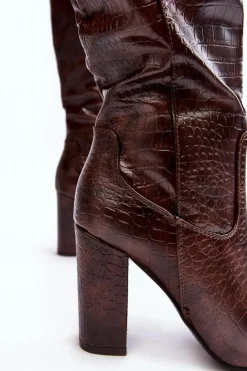 Damskie Boto Kozaki Damskie Na Słupku Ocieplane Wężowy Wzór Brązowe Delul