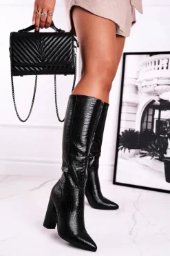 Hot Boto Kozaki Damskie Na Słupku Ocieplane Czarne Belvim