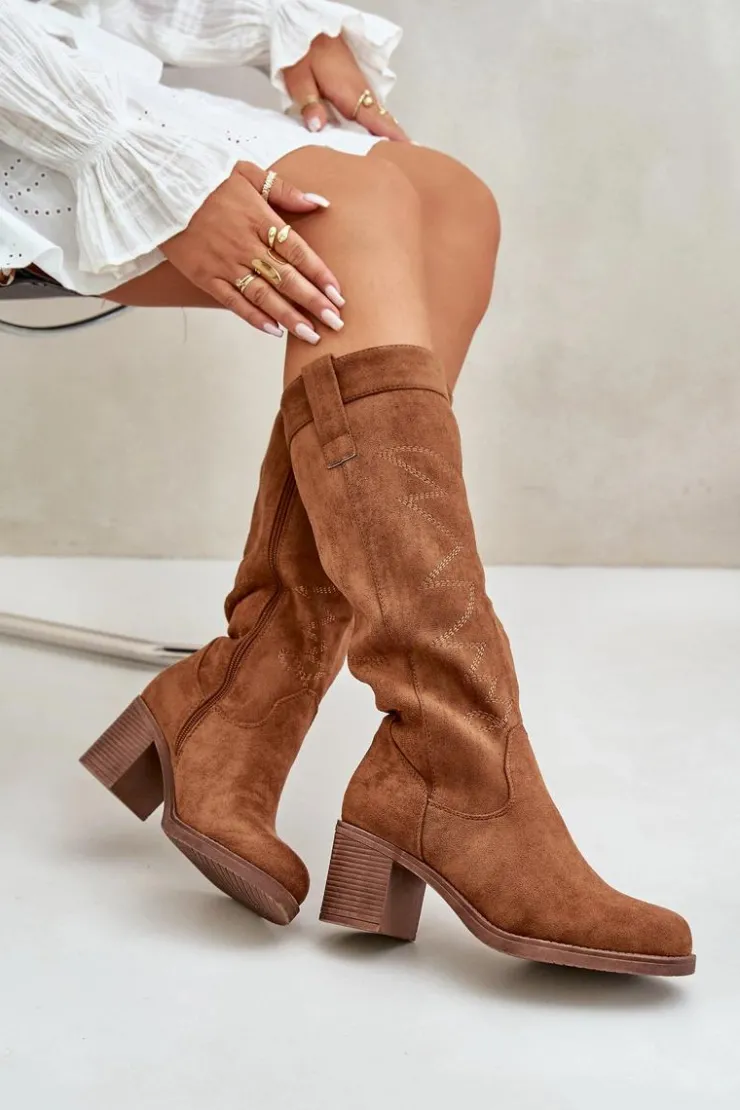 Damskie Boto Kozaki Damskie Na Słupku Przed Kolano Camel Erisorae