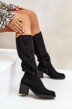 Damskie Boto Kozaki Damskie Na Słupku Przed Kolano Czarne Erisorae