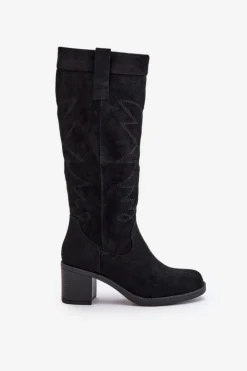 Damskie Boto Kozaki Damskie Na Słupku Przed Kolano Czarne Erisorae