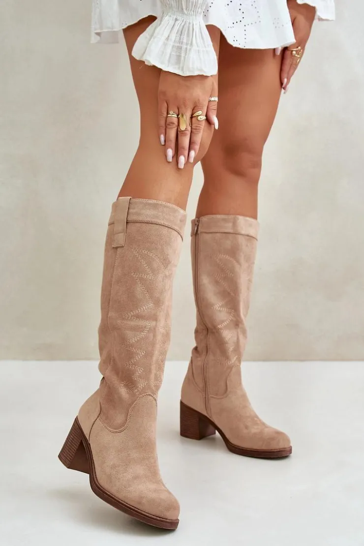 Best Boto Kozaki Damskie Na Słupku Przed Kolano Beżowe Erisorae