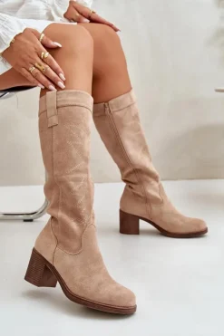 Best Boto Kozaki Damskie Na Słupku Przed Kolano Beżowe Erisorae