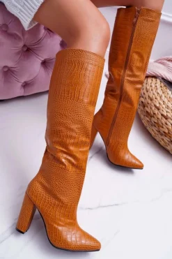 Boto Kozaki Wiosenne|Kozaki Na Obcasie*Kozaki Damskie Na Słupku Skóra Węża Camel Aduan