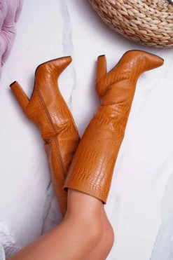 Boto Kozaki Wiosenne|Kozaki Na Obcasie*Kozaki Damskie Na Słupku Skóra Węża Camel Aduan