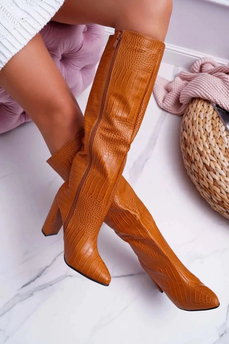 Boto Kozaki Wiosenne|Kozaki Na Obcasie*Kozaki Damskie Na Słupku Skóra Węża Camel Aduan