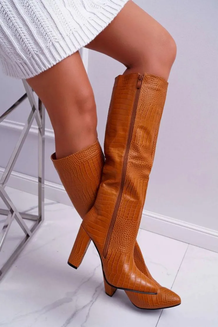 Boto Kozaki Wiosenne|Kozaki Na Obcasie*Kozaki Damskie Na Słupku Skóra Węża Camel Aduan