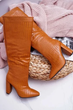 Boto Kozaki Wiosenne|Kozaki Na Obcasie*Kozaki Damskie Na Słupku Skóra Węża Camel Aduan