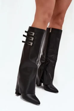 Boto Kozaki Ocieplane|Kozaki Na Słupku*Kozaki Damskie Na Słupku Wywinięta Cholewka Paski Z Klamrami Czarne Nirisa Czarny