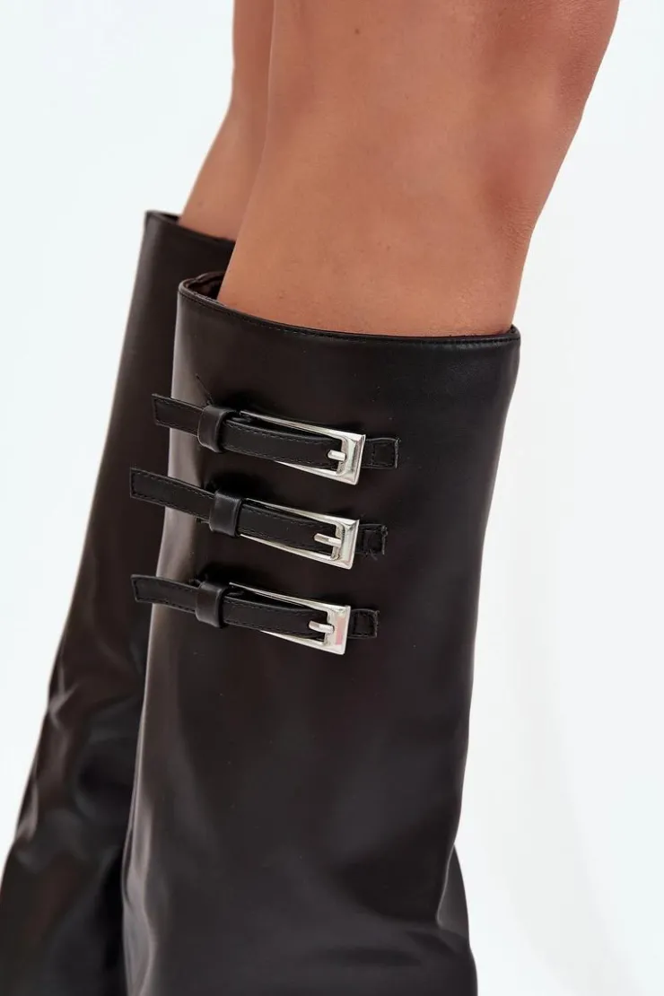 Boto Kozaki Ocieplane|Kozaki Na Słupku*Kozaki Damskie Na Słupku Wywinięta Cholewka Paski Z Klamrami Czarne Nirisa Czarny