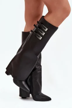 Boto Kozaki Ocieplane|Kozaki Na Słupku*Kozaki Damskie Na Słupku Wywinięta Cholewka Paski Z Klamrami Czarne Nirisa Czarny