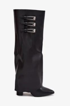 Boto Kozaki Ocieplane|Kozaki Na Słupku*Kozaki Damskie Na Słupku Wywinięta Cholewka Paski Z Klamrami Czarne Nirisa Czarny